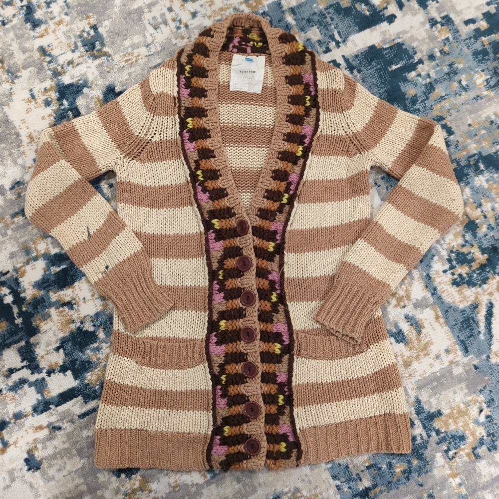 Sparrow Striped Beige and Brown Cardigan Wool Cashmere Blend - Women's Small